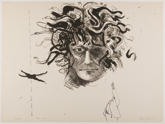 A black-and-white print of a figure's head with tendrils of snakes for hair and a small figure at the bottom pointing up at the head.
