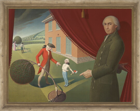 A painting of a White man pulling back a red curtain to reveal an outdoor scene of a small George Washington holding a hatchet near a damaged cherry tree and a taller man next to him gesturing angrily toward the damaged tree.
