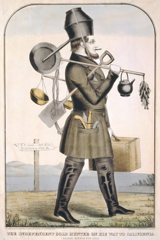 A color print of a full-length figure in profile, carrying a suitcase in one hand and other various tools in his pockets, on his head, and over his shoulders.