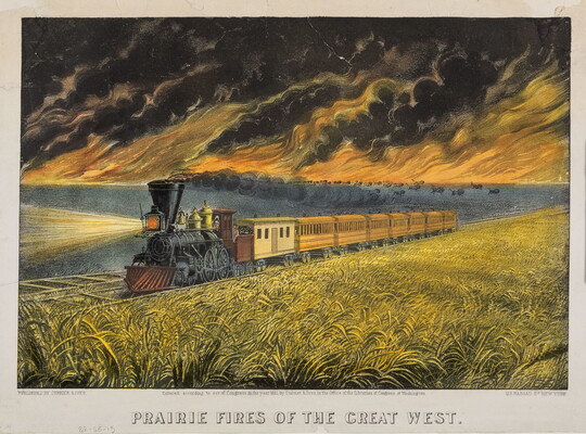 A color print of a train traveling through a grassy plain as bison run from a grassland fire in the background.