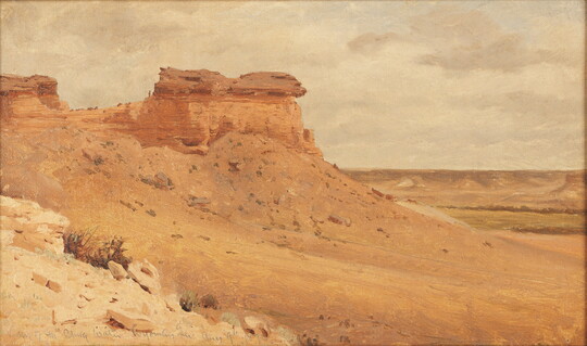 A landscape oil painting of a desert plateau rising up from an arid valley.
