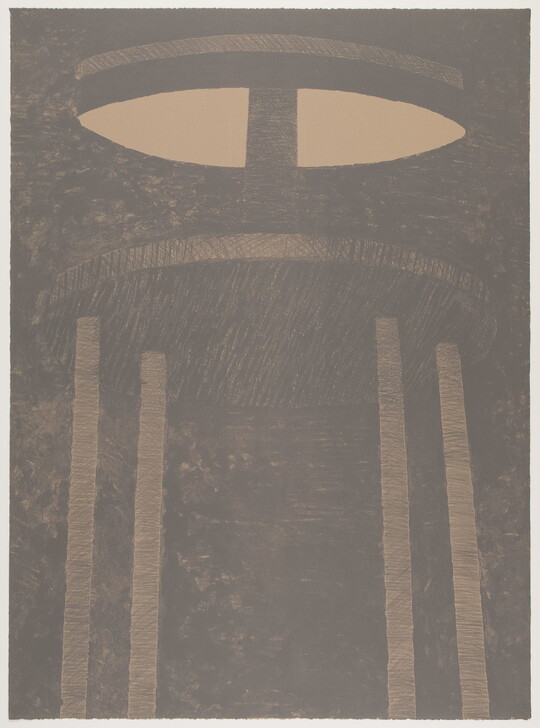 An abstract black-and-white print of oval-like light shapes above one horizontal and four vertical lines.