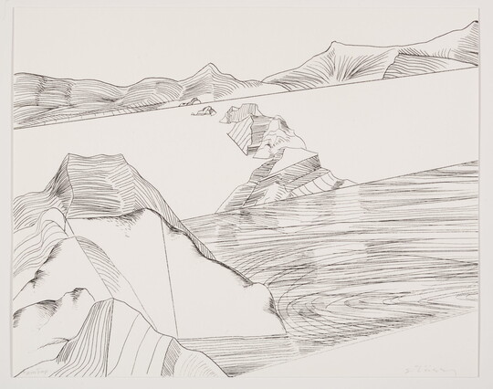 An abstract black-and-white print of a mountain landscape made up of lines and geometric shapes.
