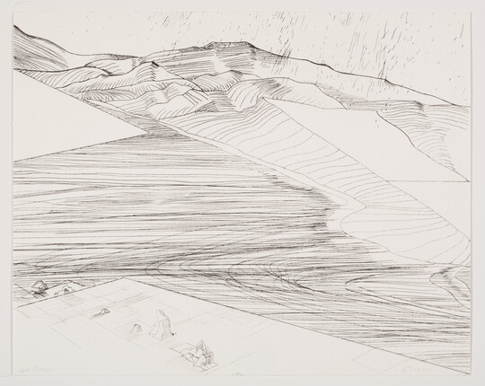 An abstract black-and-white print of a plain leading to a mountain landscape made up of lines and geometric shapes.