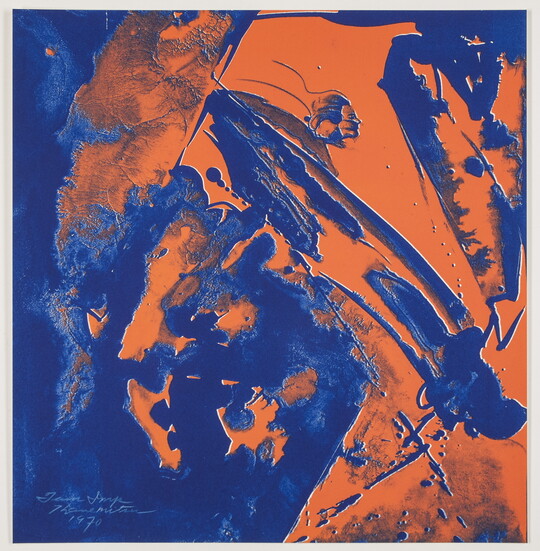 An abstract color print of orange and blue organic shapes and splatters with the subtle profile of a woman's head in the top center.