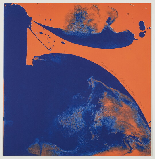 An abstract color print of fluid, organic blue shapes on a solid orange background.