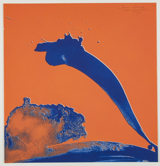 An abstract color print of fluid, organic blue swirls and splatters on a solid orange background.