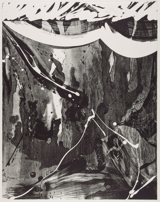 An abstract black-and-white print of fluid, organic swirls and shapes in black ink.