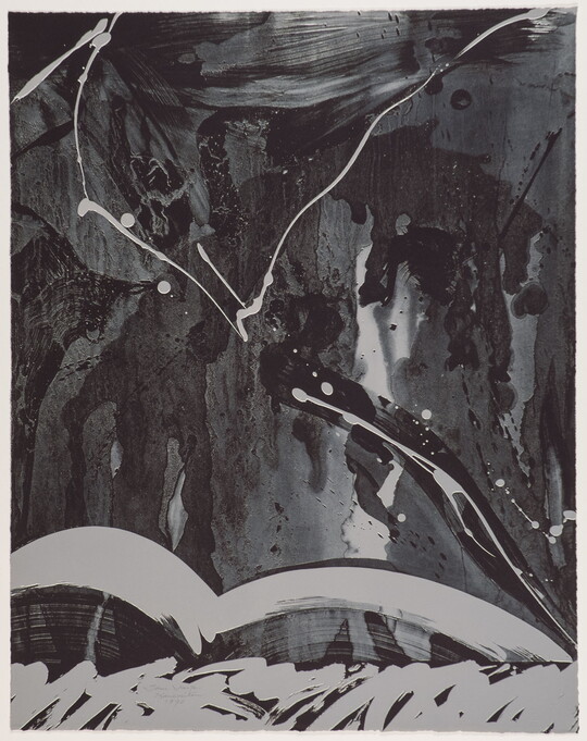 An abstract black-and-white print of fluid, organic shapes in black and gray.