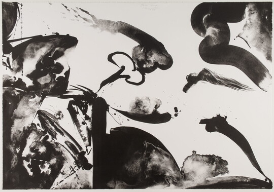 An abstract black-and-white print of fluid, organic swirls and shapes in black.