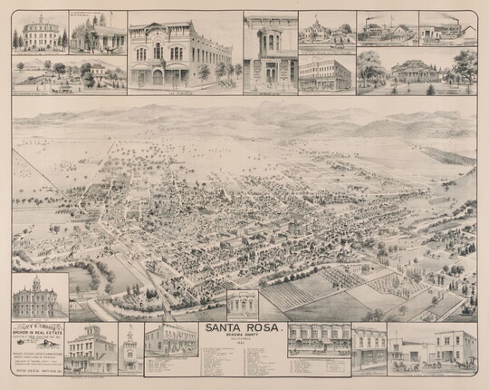 A black-and-white print of an aerial view of a city, framed by two horizontal bands at the top and bottom featuring close-up views of buildings.