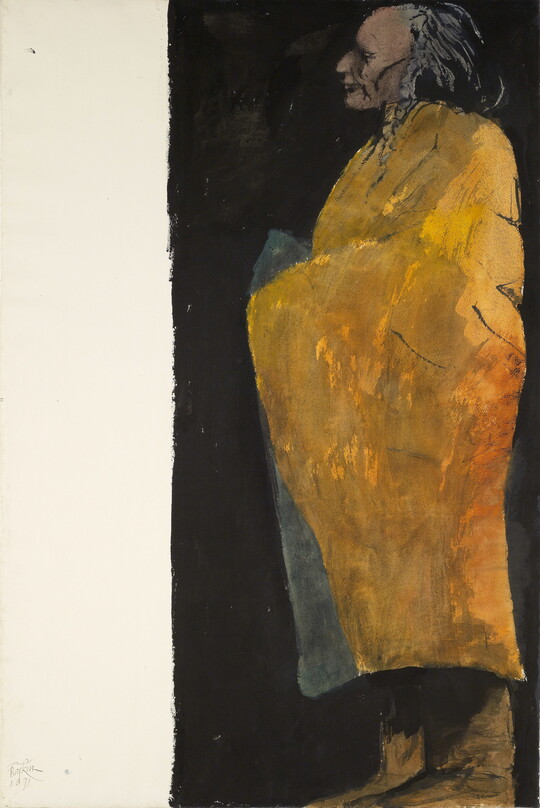 A watercolor of an Indigenous figure in profile wrapped in a yellow cloth against a black background.
