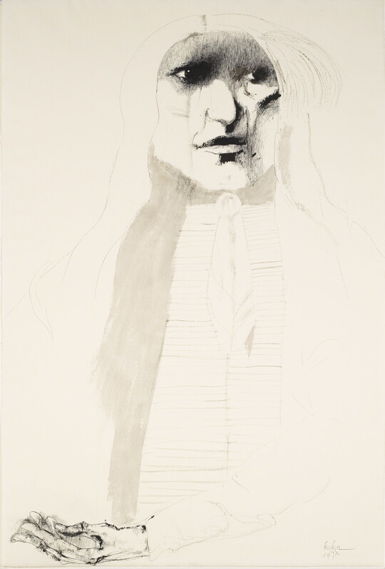 A black-and-white ink portrait of a Indigenous person with their hands folded in their lap.