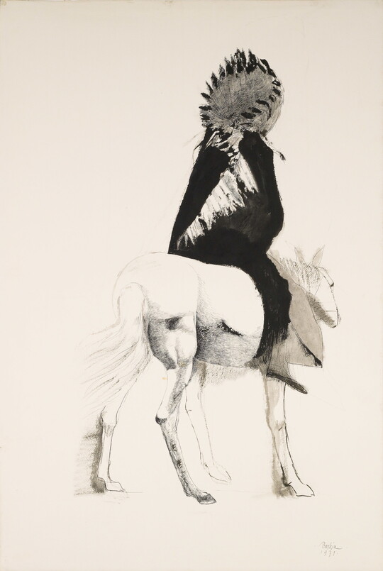 A black-and-white ink drawing of an Indigenous person wearing a headdress riding away from the viewer on a horse.