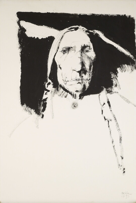 A black-and-white ink portrait of an Indigenous man's face against a solid black background that fades to nothing below the figure's neck.