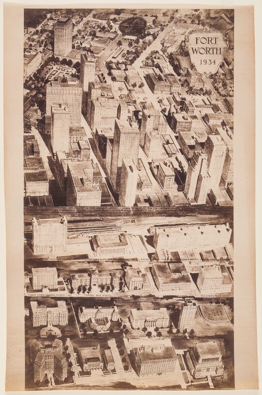 A sepia-toned ink drawing of an aerial view of a city's high-rise buildings and urban grid.