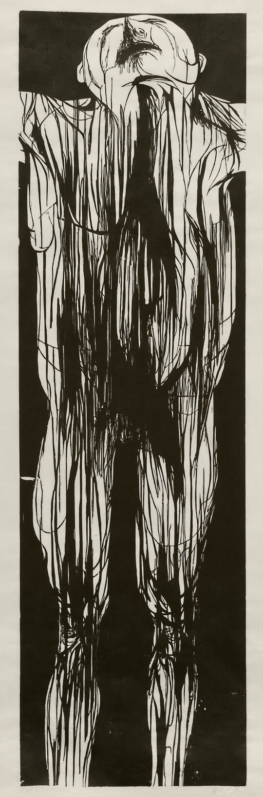 A black-and-white print of an abstract human figure standing, looking up with arms stretched out at their sides.