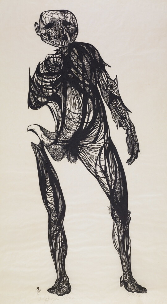A black-and-white print of an abstract man, composed of curving thin black lines and cartoonishly warped as if being pulled by a vacuum on one side.