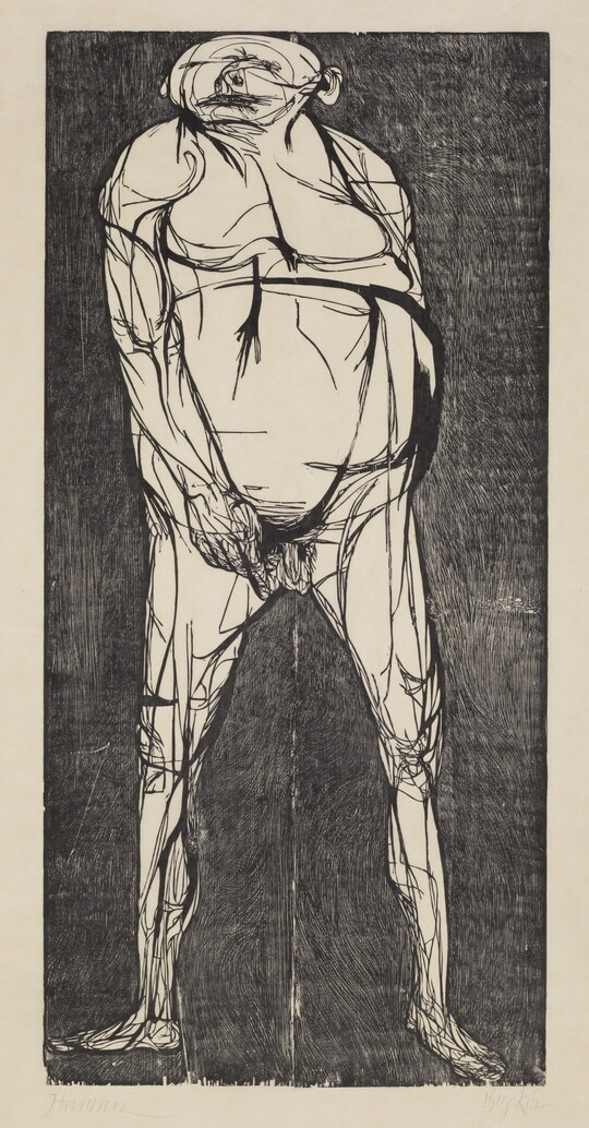 An abstract black-and-white print of a nude male figure.