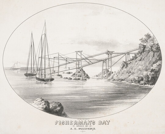 A black-and-white print of two sailboats docked in a calm bay, connected to the rocky coastline via long piers elevated on stilts.