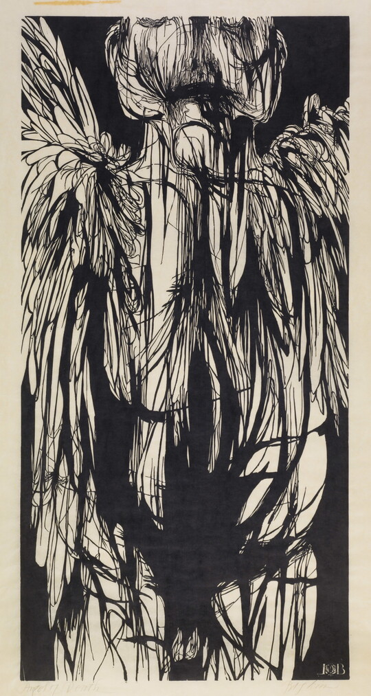 An abstract black-and-white print of a figure with wings and feathers.