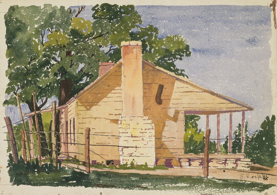 A watercolor of the side of a clapboard house and porch shaded by large trees.