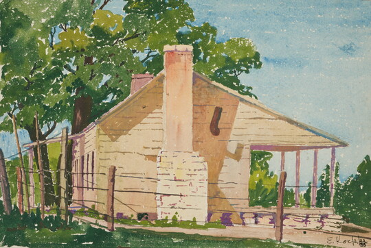 A watercolor of the side of a clapboard house and porch shaded by large trees.
