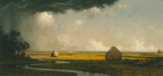An oil painting of a hay mounds in a meadow with a river running through it as stormy clouds and rain roll in on a bright day.
