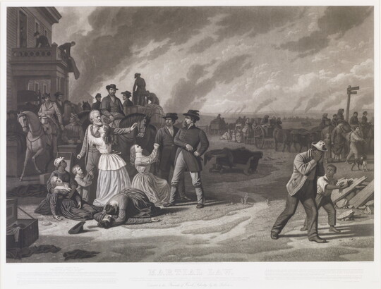 A black-and-white print of group of people crying over dead loved ones on a street.