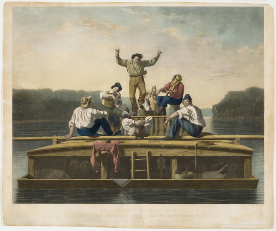 A color print showing White men on a river boat, some playing musical instruments, as a man in the center dances.