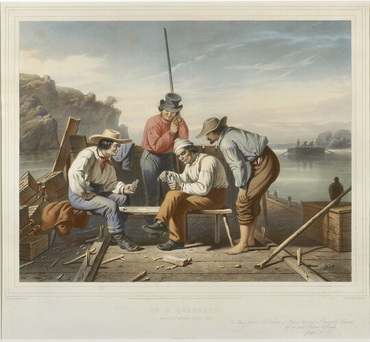 A color print of four men playing cards on a flatboat on a river.
