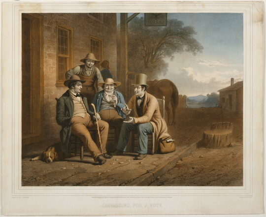 A color print of four men sitting in front of a hotel listening to a man who is talking and gesturing.