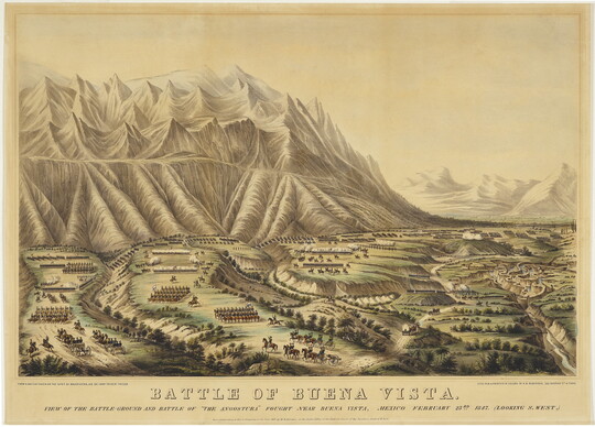 A color print of a broad view of a mountain valley where foot soldiers and cavalry are moving in formation across a plain.
