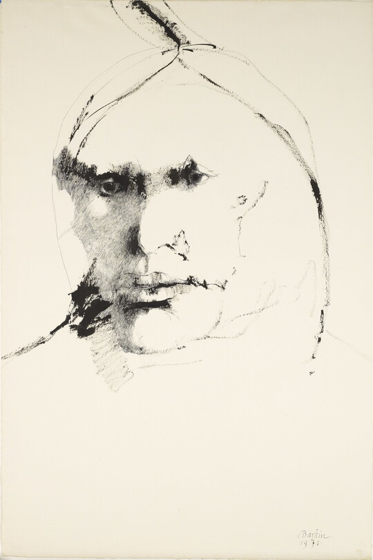 A black-and-white ink portrait of an Indigenous man's face and a single a feather in his hair.
