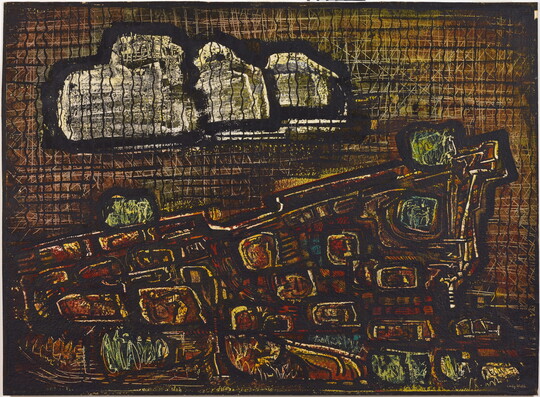 A watercolor painting of an abstract landscape in earth-tone colors and white clouds against a background of gridded lines.