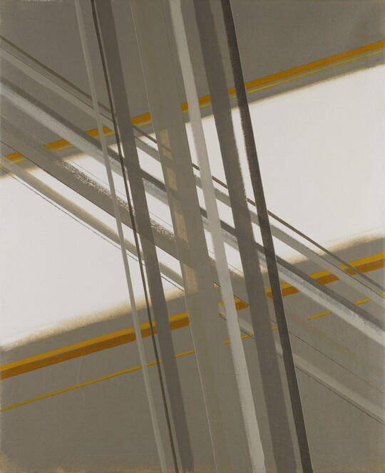 A painting of groupings of overlapping parallel diagonal lines that create an "X" in mostly white with some yellow accents.