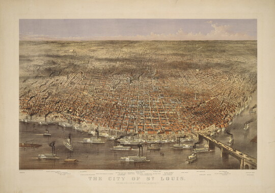 A color print of an aerial view of a busy port with ships in the foreground and a large city that sprawls to the horizon.
