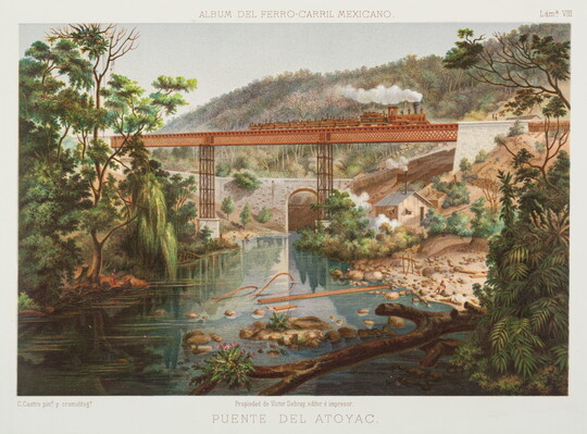 A color print of a locomotive billowing smoke on a high bridge over a tree-lined river.