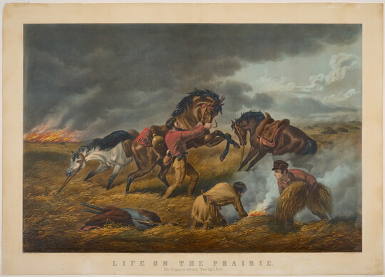 A color print of three White frontiersmen battling the flames of a wildfire as their horses buck wildly and pull at their reins.