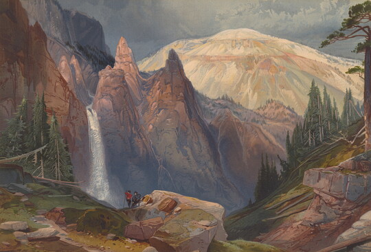 A color print of a rocky, mountainous landscape with two small people looking at a tall waterfall.