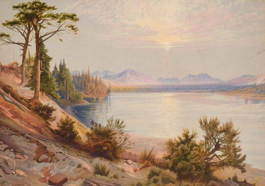 A color landscape print of a rocky shore beside water with craggy mountains in the distance.