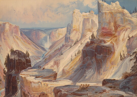 A color print of a rocky canyon with a waterfall in the distance and three people on a rocky ledge in the foreground.