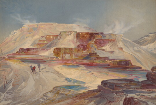 A color print of three hikers on rocky landscape with small water pools and buttes in the distance.