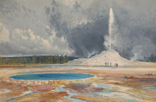 A color print of a landscape with large circular pool of blue water in the foreground and tall geyser shooting water into a gray, cloudy sky.