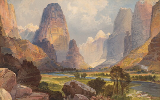 A color print of a landscape with rocky cliffs, mountains, and a river.