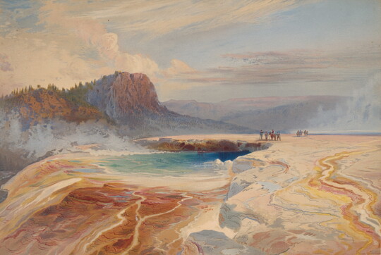 A color print of people overlooking a blue pool of steaming water in an arid-looking mountain landscape.