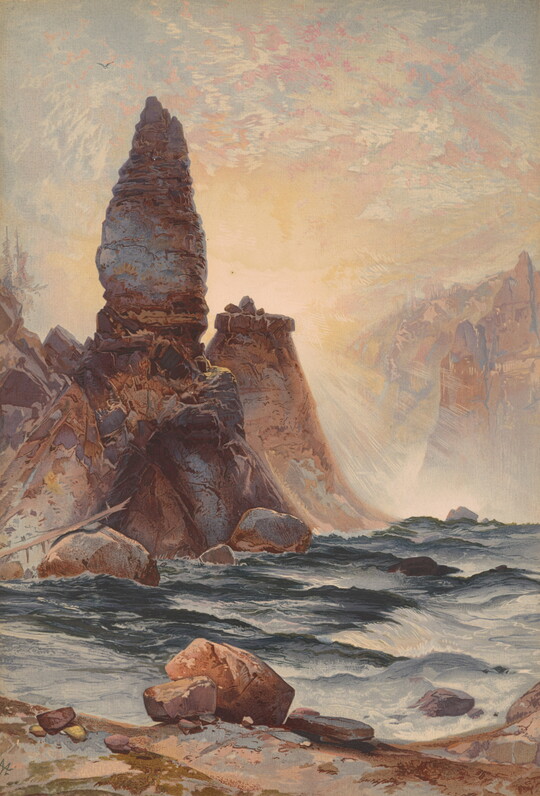 A color print of a choppy river in front of two towering rock formations backlit by the sun.
