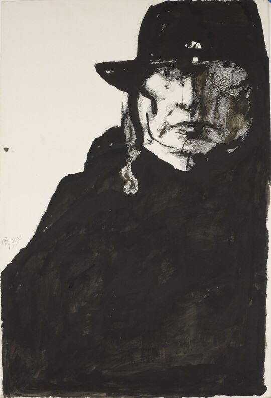 A black-and-white ink portrait of an Indigenous figure wearing a black hat and cloak.