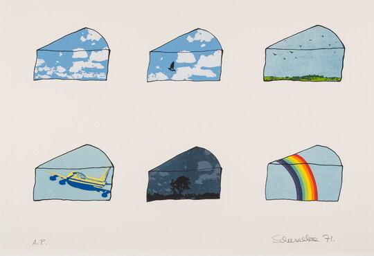 A color print with six pie-shaped wedges filled with clouds, birds, an airplane, a night sky, and a rainbow.