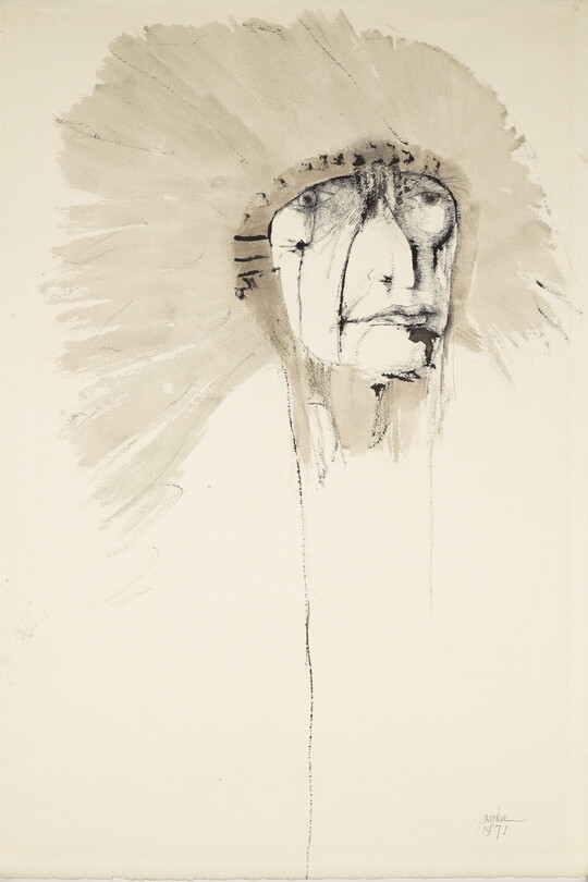 An abstract black-and-white drawing of an Indigenous person wearing a feathered headdress.